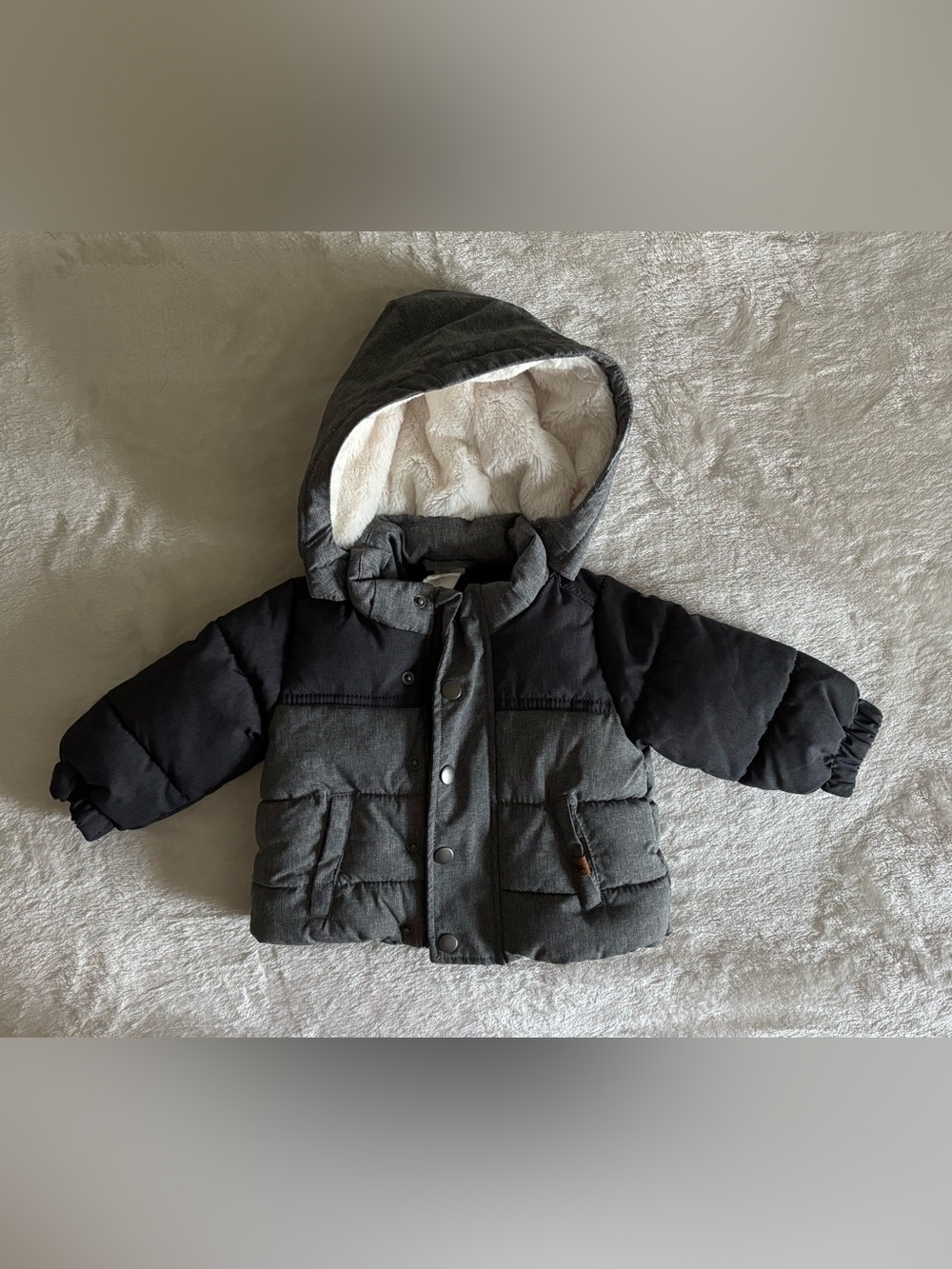 H&M Two-Tone Kids Hooded Puffer Jacket in Gray and Black
